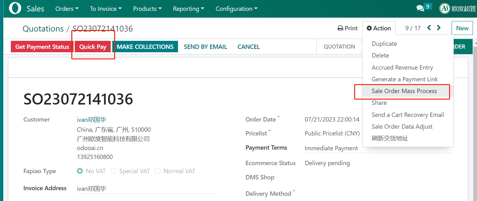 Sale Order Mass Process, Confirm, Delivery, Picking, Invoice, Payment, Cancel