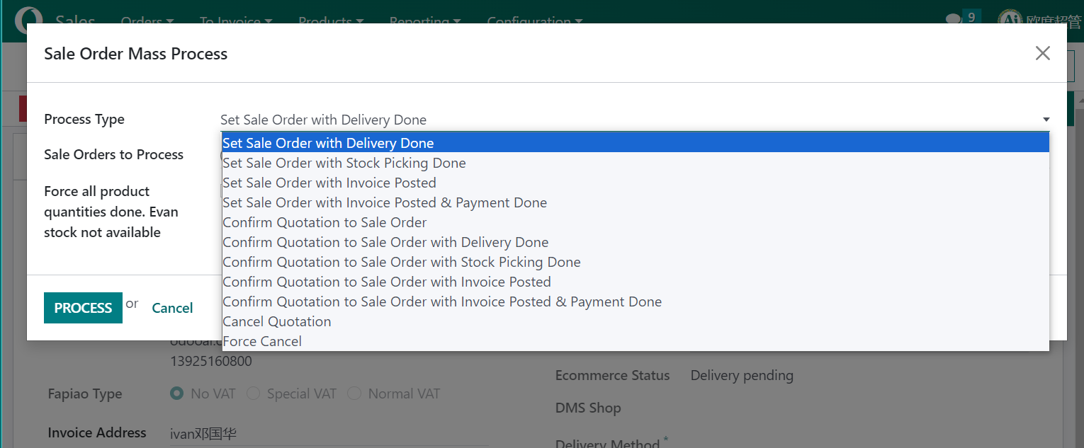 Sale Order Mass Process, Confirm, Delivery, Picking, Invoice, Payment, Cancel