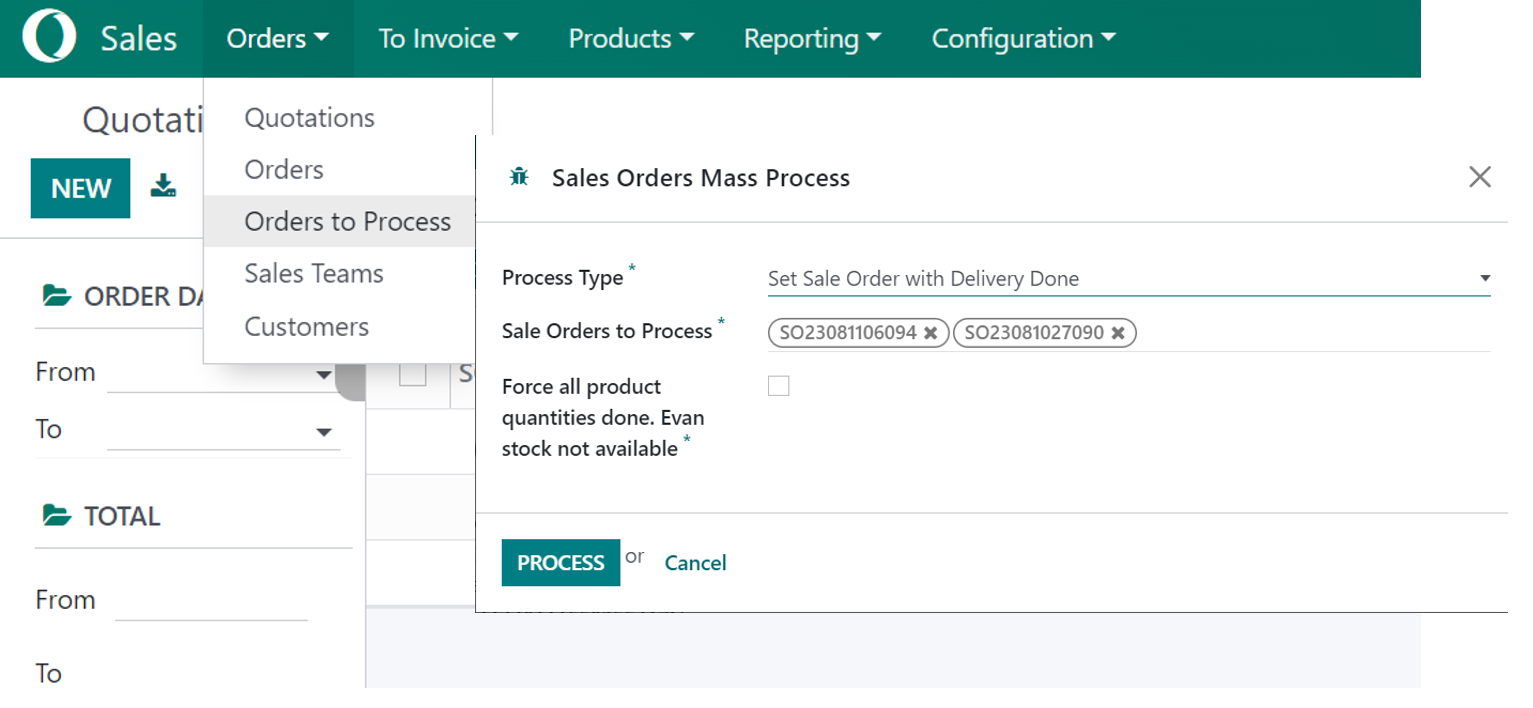 Sale Order Mass Process, Confirm, Delivery, Picking, Invoice, Payment, Cancel