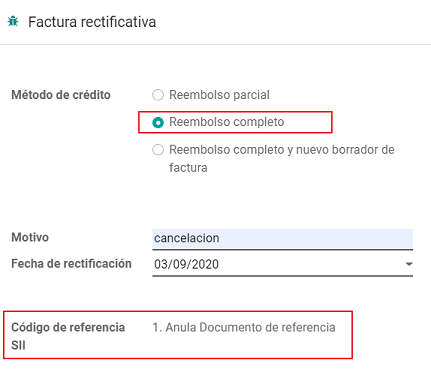 Full invoice refund with SII reference code 1.