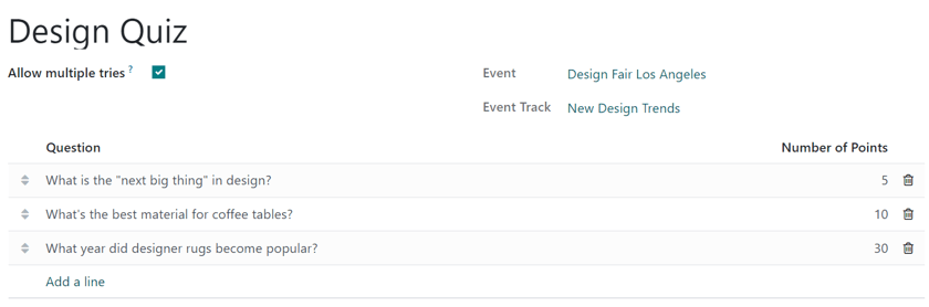 The Add Quiz page in the Odoo Events application for an event track.