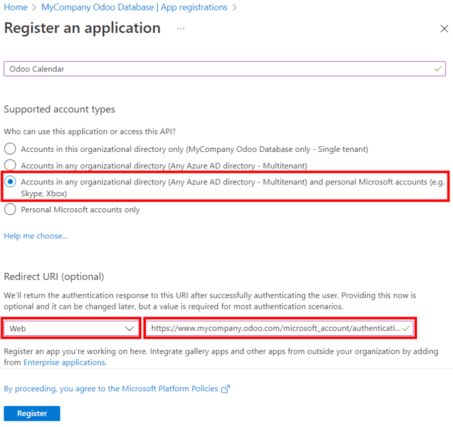 The "Supported account type" and "Redirect URI" settings in the Microsoft Azure AD portal.