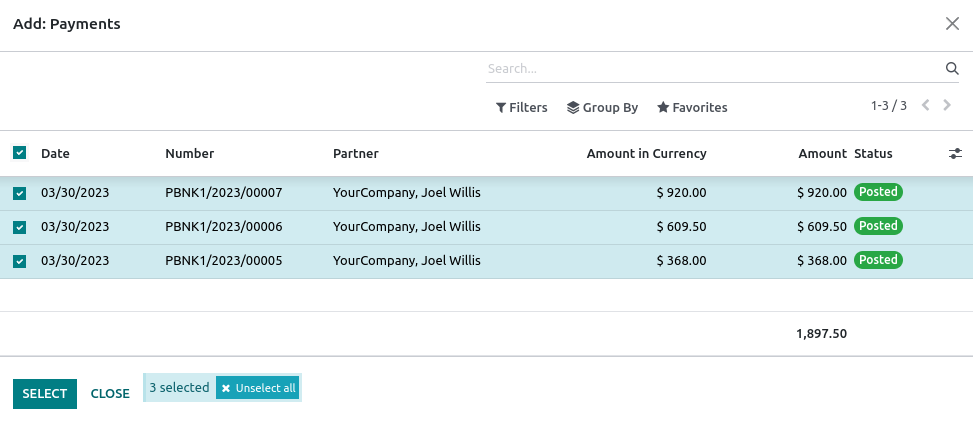 Selecting all payments to include in the batch deposit