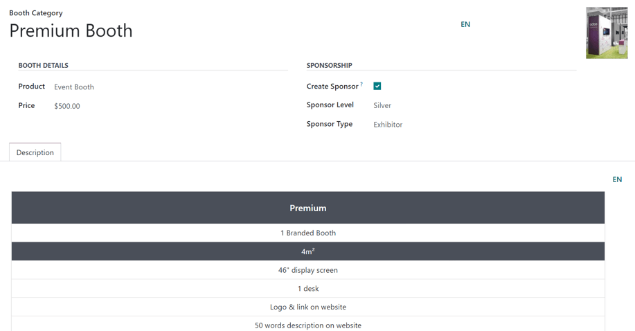 A typical booth category form in the Odoo Events application.