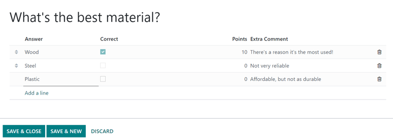 The Create Questions pop-up window on an event-specific track quiz in the Odoo Events app.