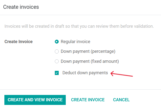 The deduct down payment option on the create invoices pop up in Odoo Sales.