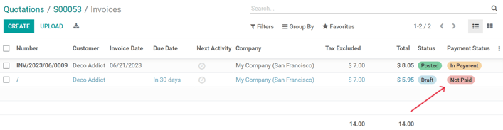 The down payment invoices page in Odoo Sales.