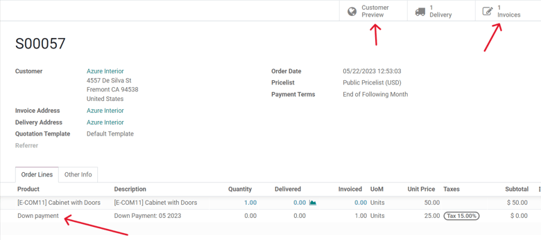 How the down payment is mentioned on the sales order in Odoo Sales.