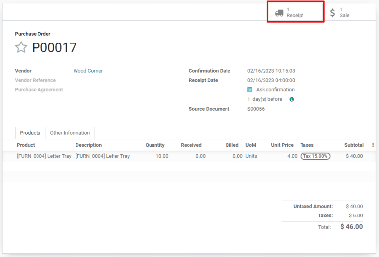 A dropship purchase order with the Receipt smart button in the top right corner.