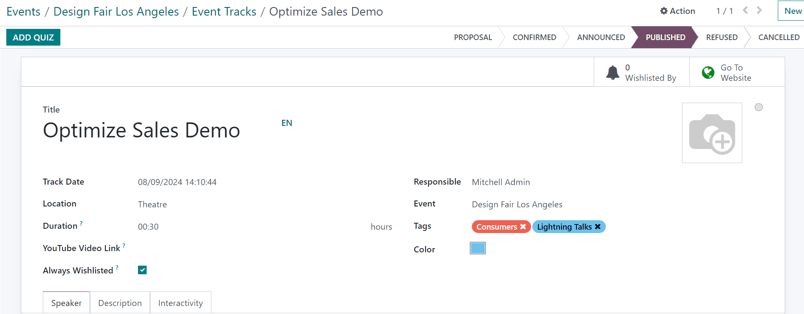 Typical event track form in the Odoo Events application.