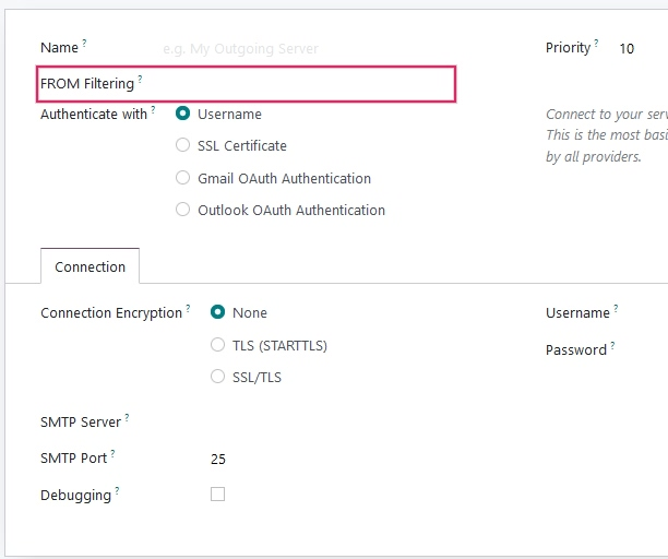 Outgoing email server settings and the FROM filter settings.