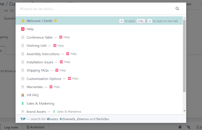 View of knowledge search window from a helpdesk ticket.