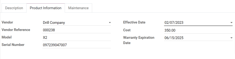 The product information tab for the new piece of equipment.