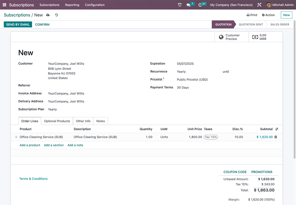 A completed example of a new subscription quotation in Odoo.
