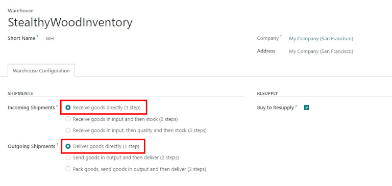 Set incoming and outgoing shipment options to receive and deliver in one step.