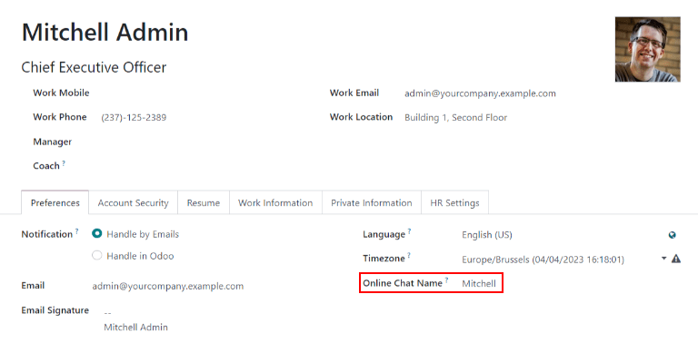 View of user profile in Odoo, emphasizing the Online Chat name field.