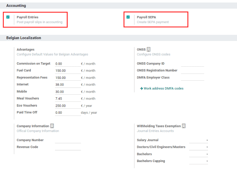 Settings available for Payroll.