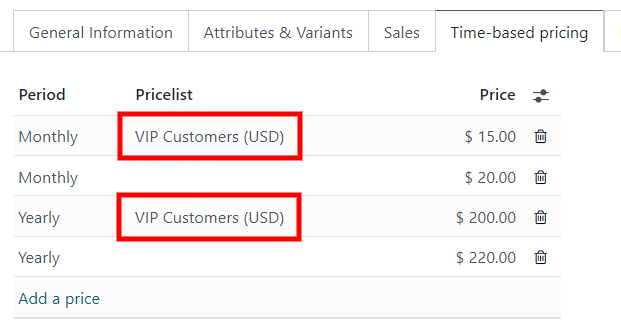 Pricelists in the "Time-based pricing" tab of the product form.