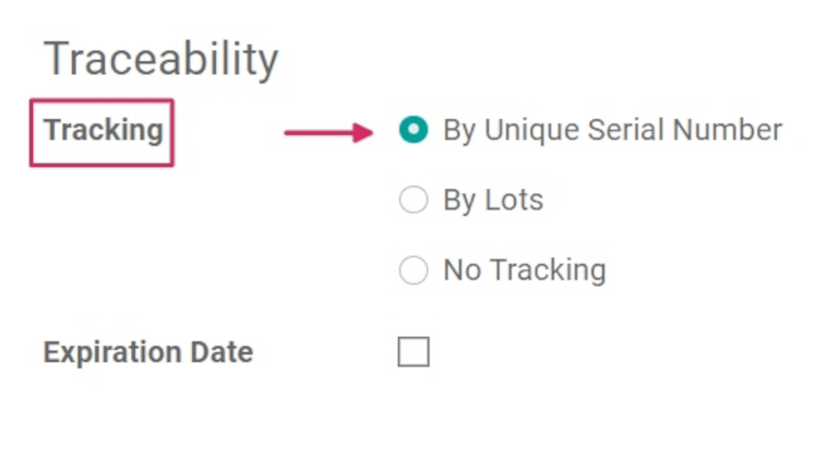 Enabled serial number tracking on product form.