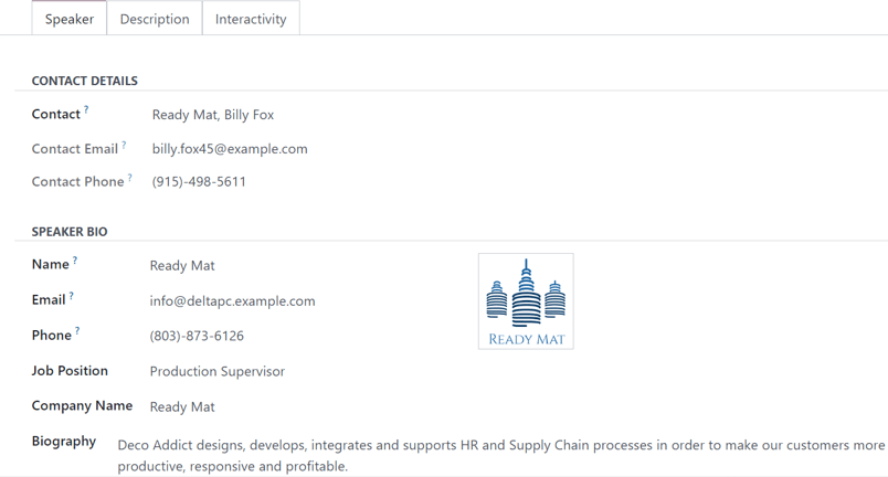 The Speaker tab on an event track form in the Odoo Events application.