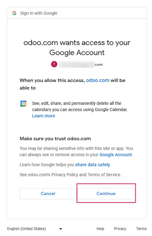 Give Odoo permission to access Google Calendar.