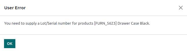 Add lot/serial number user error popup.