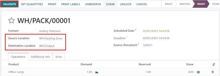 Click Validate on the packing order to transfer the product from the packing zone to the output location.