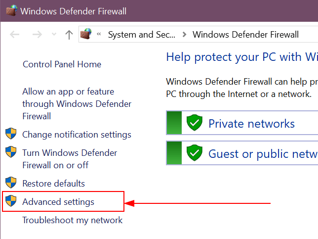 Windows Defender Firewall 应用程序左侧窗格中突出显示的高级设置选项。