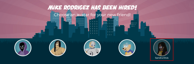 已聘用屏幕。一系列头像可供选择，任何已选 内容为灰色。