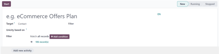 Odoo 营销自动化应用程序中的空白营销自动化活动表单。