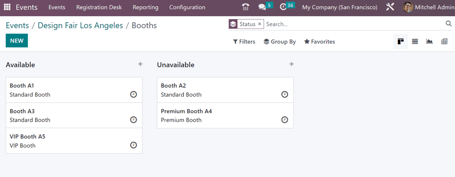 Typical event booths page, accessible via the smart button on an event form.
