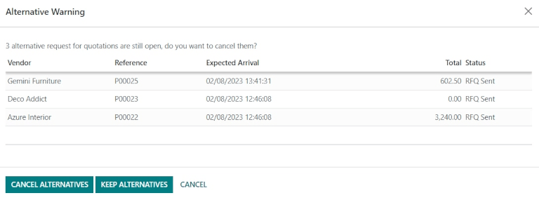 Keep or cancel pop-up for alternative RFQs.