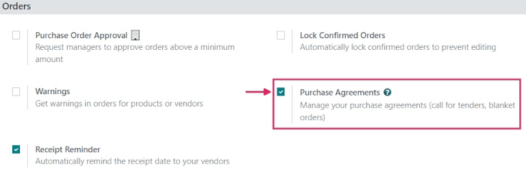 Purchase Agreements enabled in the Purchase app settings.