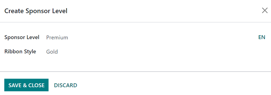 在 Odoo 活动应用程序中弹出 “创建赞助商级别” 窗口。