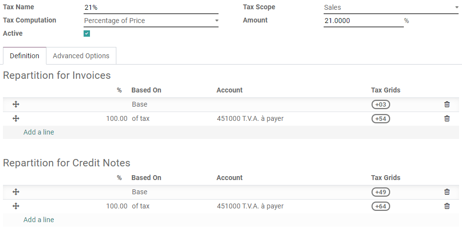 在Odoo会计应用程序中编辑税项