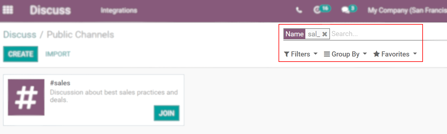 Odoo讨论应用中通过筛选器查找通道的视图
