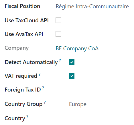 Example of a fiscal position automatic application settings