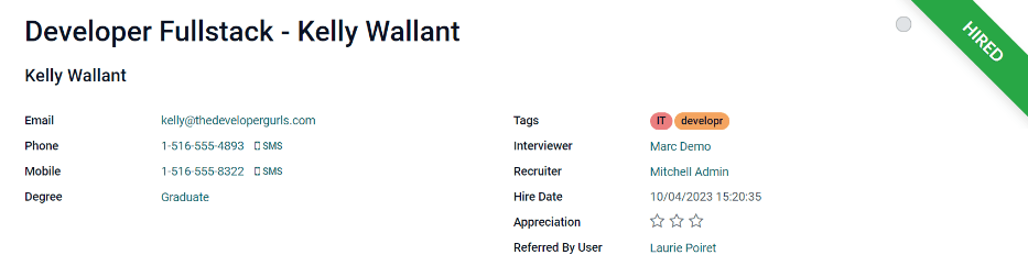 申请人卡片右上角的已聘用横幅。