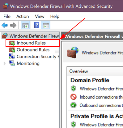 Windows Defender 左侧窗口窗格中的入站规则菜单项高亮显示。