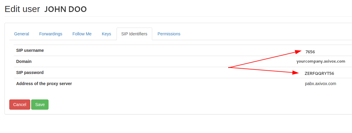 Axivox 管理器中的 SIP 凭据
