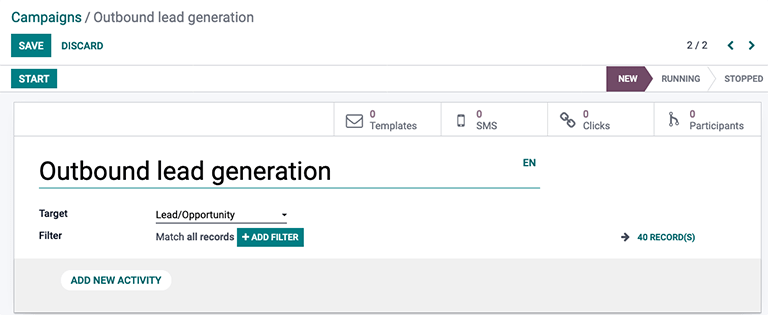 A dashboard showing the creation of a new marketing automation campaign in Odoo.