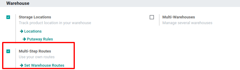 在Odoo库存中激活多步路线功能。