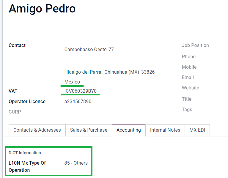 有关供应商联系人的 DIOT 信息。