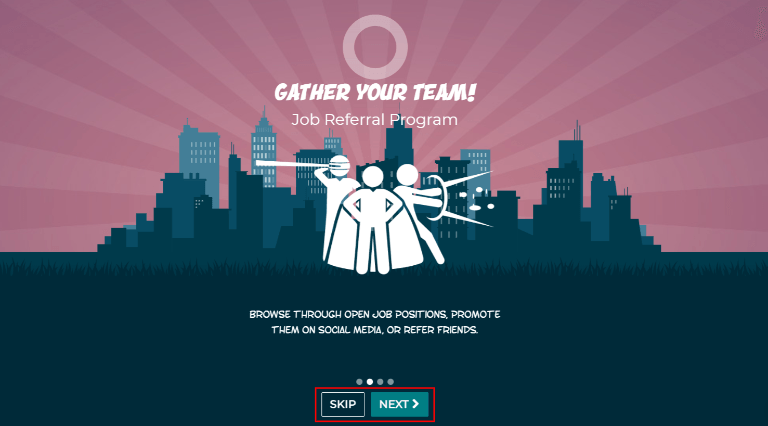 入门培训幻灯片，底部可见“跳过”和“下一步”按钮。