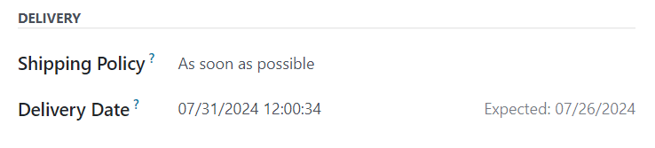 The Delivery section of the Other Info tab of a quotation form in Odoo Sales.
