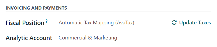 The Invoicing section of the Other Info tab of a quotation form in Odoo Sales.