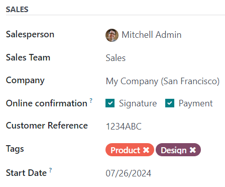 The Sales section of the Other Info tab of a quotation form in Odoo Sales.