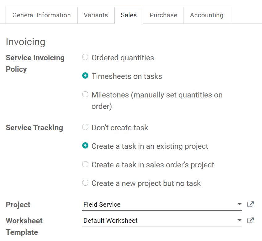 Product configuration to create tasks from sales orders in Odoo Field Service