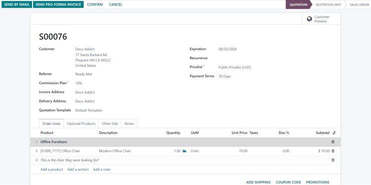 A typical quotation form in the Odoo Sales application.