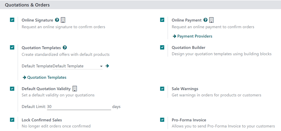 Odoo销售应用设置页面上的报价单与订单部分。